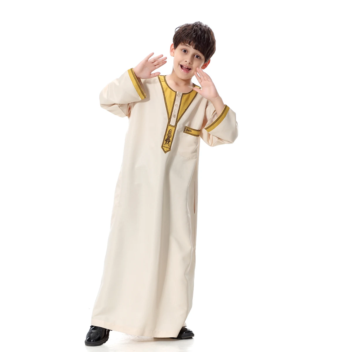 2024 Muslim Boys Kaftan Islamic Clothing Arab Malay Turkey Abayas Kids Long Dress Children Robe Embroidery White Yellow TH872