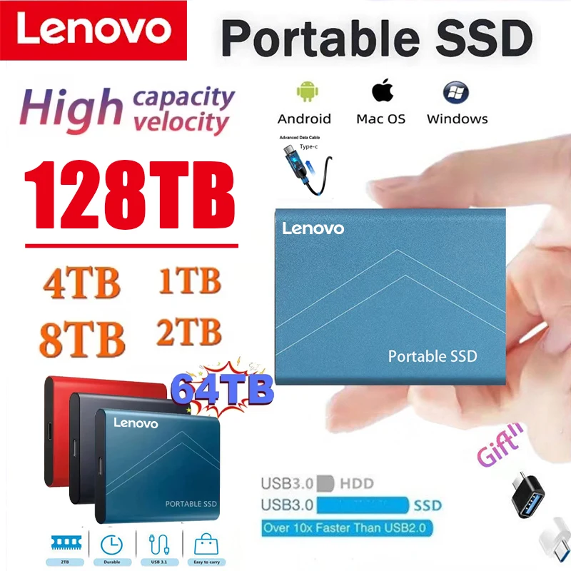 

Lenovo Portable High-Speed 128TB SSD External Hard Drive Mass Storage USB 3.0 Interface Storage for Laptops Computer Notebook