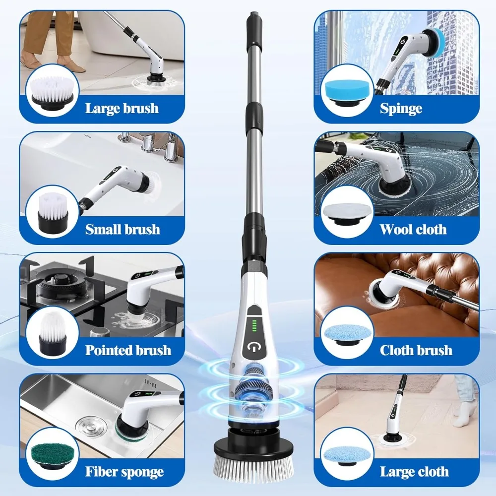 Draadloze elektrische spin-scrubber met 8 opzetborstels, verstelbare handgreep voor het reinigen van badkamertegelvloeren in de auto