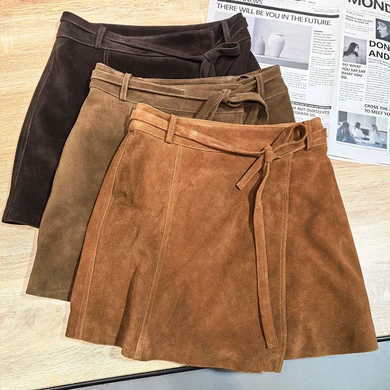 Imported Sheepskin Suede Real Leather Short Skirt for Women Fashion Irregular Female Lace-up High Waist A-line Leather Skirts
