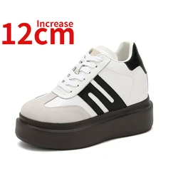 Panda Shoes for Women Height Increased 12cm Genuine Leather Thick Sole Board Sneakers Autumn New Casual Heighteng Training Shoes