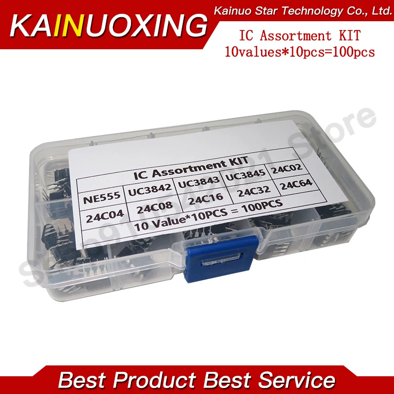 100PCS Each 10PCS NE555 UC3842 UC3843 UC3845 24C02 24C04 24C08 24C16 24C32 24C64 DIP IC Assortment Kit with Box