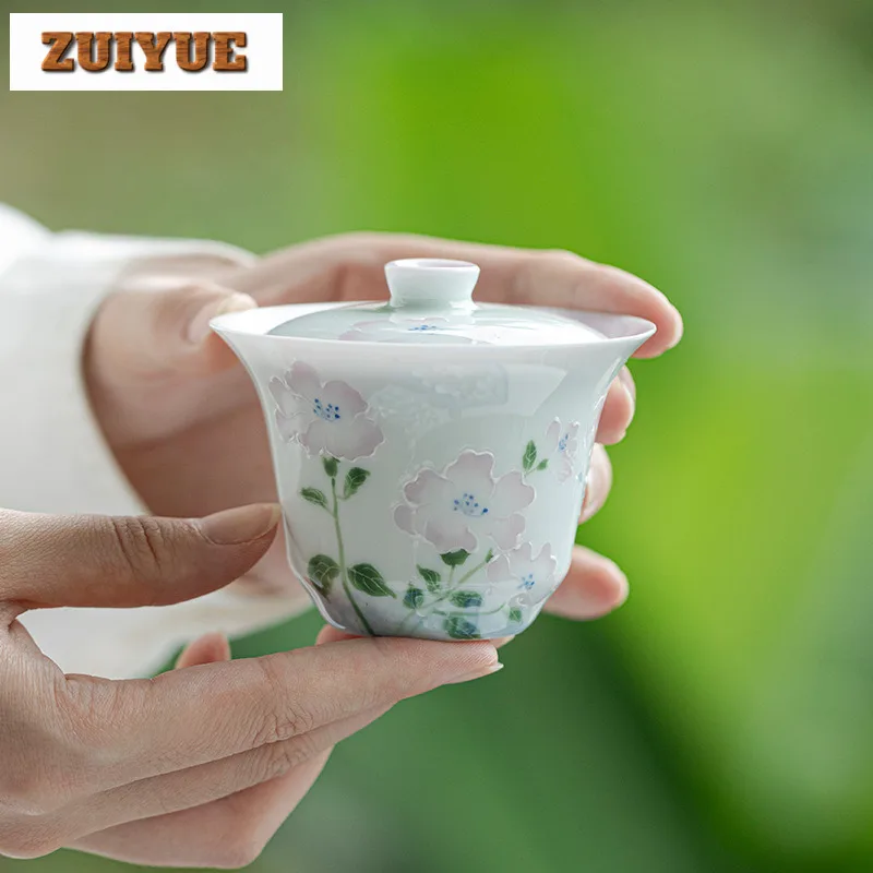 

125 мл ручная роспись цветок крабапа тонкое тело Gaiwan античный белый фарфоровый чайный вкус чайная чаша с крышкой комплект чая чайная чаша подарок