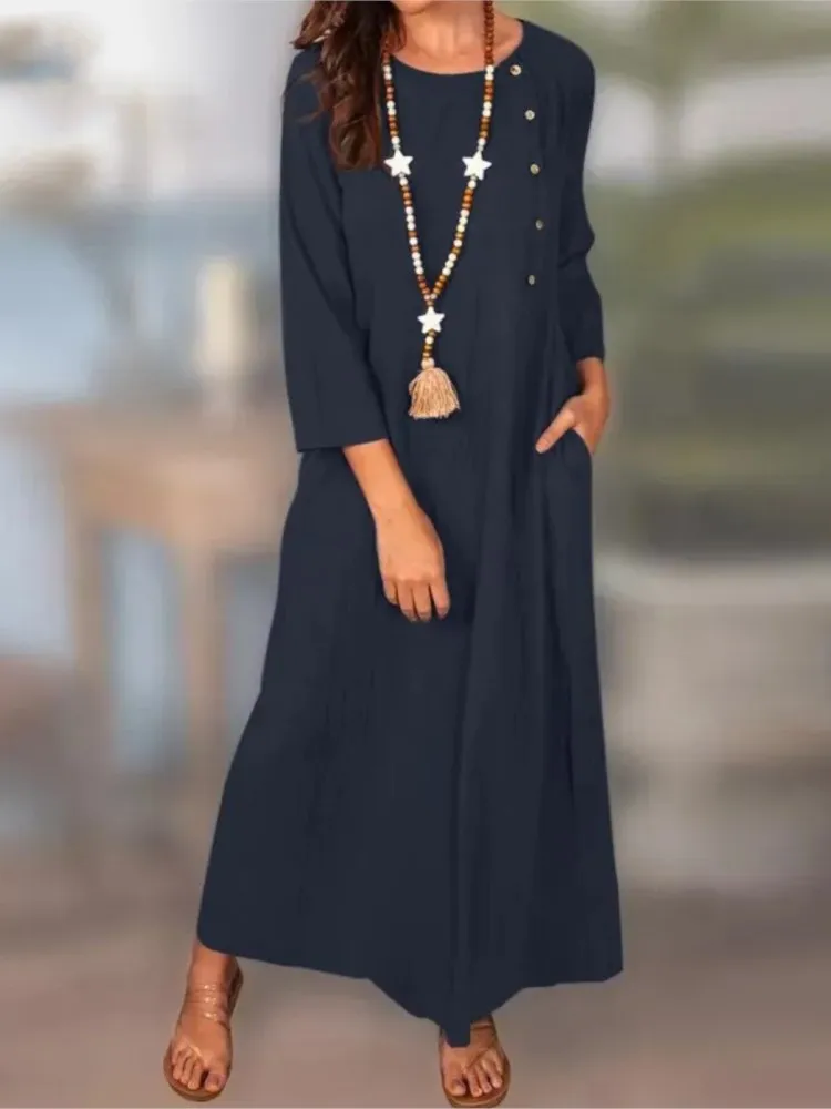 Vestido de moda de otoño elegante de lino y algodón para mujer vestido largo de Color sólido temperamento cómodo vestido de manga larga con cuello redondo