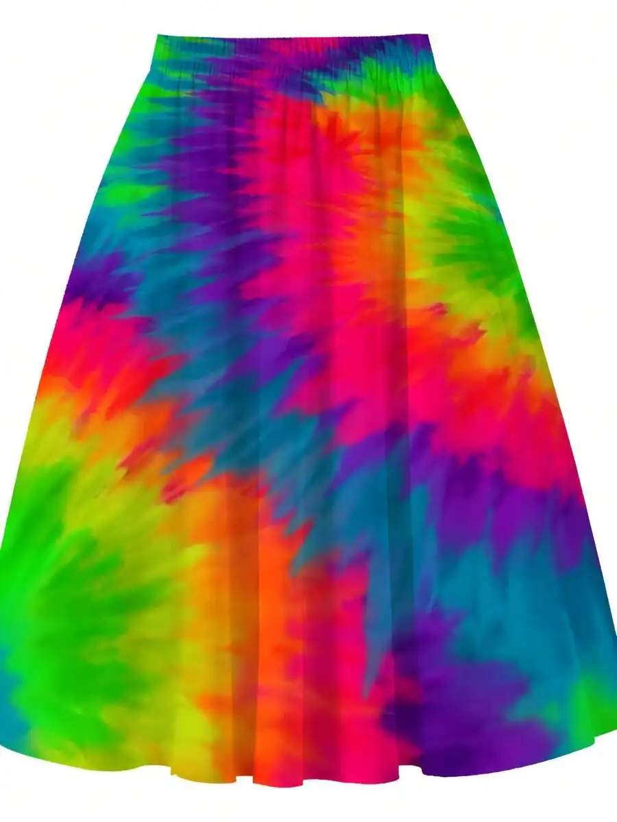 

Oversized Women Midi Skirt Tie Dye Print Colorful Casual Party Wear