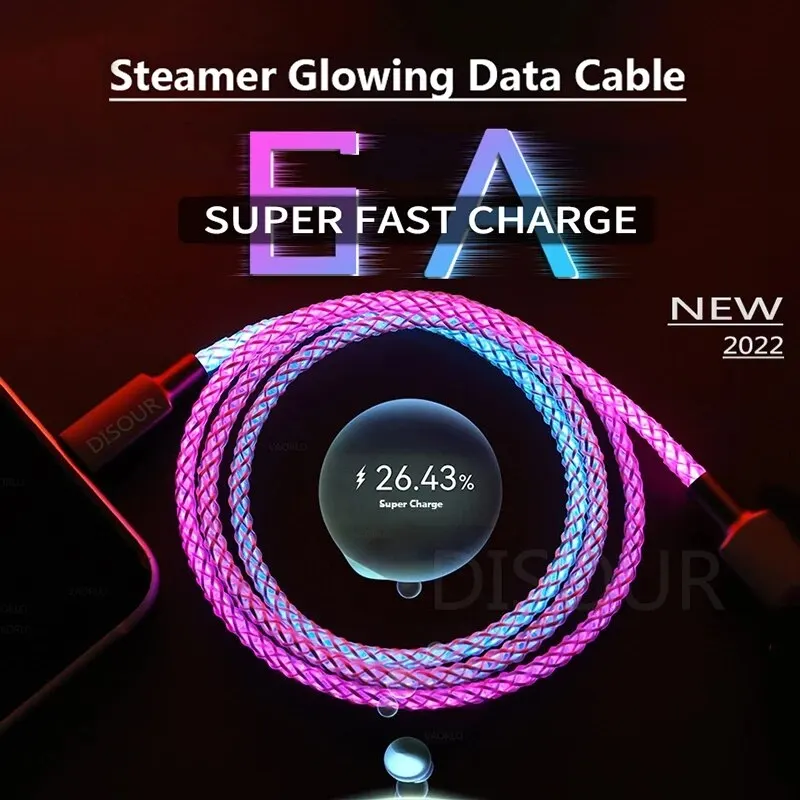 RGB Super 6A Fast Charging Date Cable Flow Cool Colorful Streamer Glowing Line For Huawei Xiaomi Type C USB C Charger