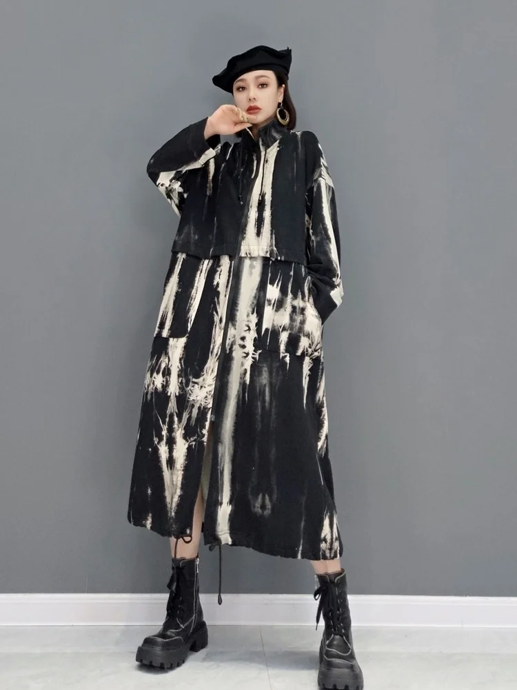 Women Long Sleeves Shrink Rope Windbreaker Coat Loose Mid-length Old Graffiti Zipper Cardigan Coat 2024 Spring Autumn LHX1531