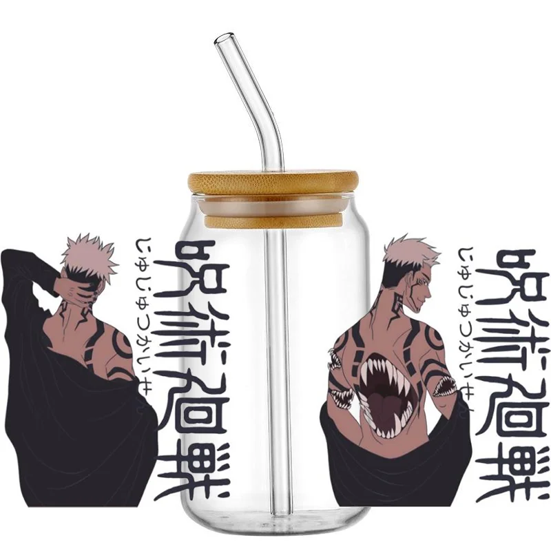 Miniso Cartoon Japanese anime Jujutsu Kaisen character Design High-Quality Wraps 16oz Glass Cup UV DTF Wrap Transfer Decals