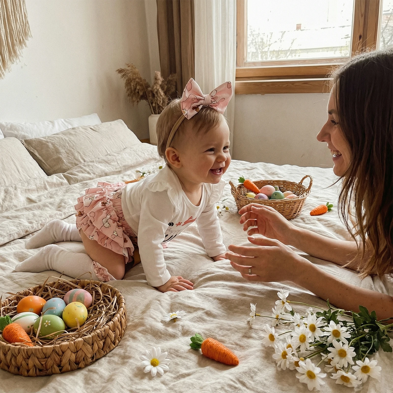 Baby Girl Easter 4Pcs Outfit Bunny Letter Print Long Sleeve Romper Ruffle Shorts Bow Headband and Stockings Spring Set