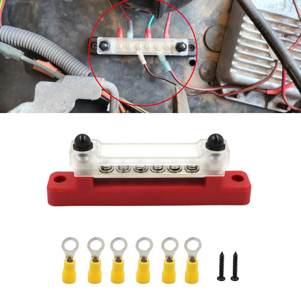 

150A 6-Way Busbar With Cover Single Row 48V DC With 6PCS Yellow Brass Terminals For Automotive, RV, Marine, Boat, Yacht