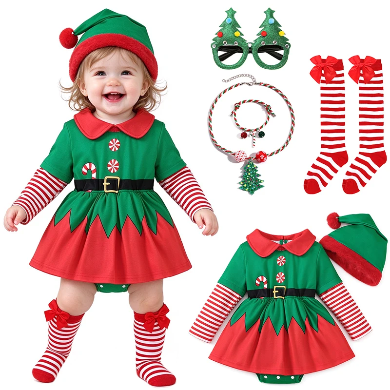 Newborn Infant Toddler My First Christmas Santa Helper Elf Dress Up Jumpsuit Xmas Carnival Party Baby Girls Christmas Elf Romper