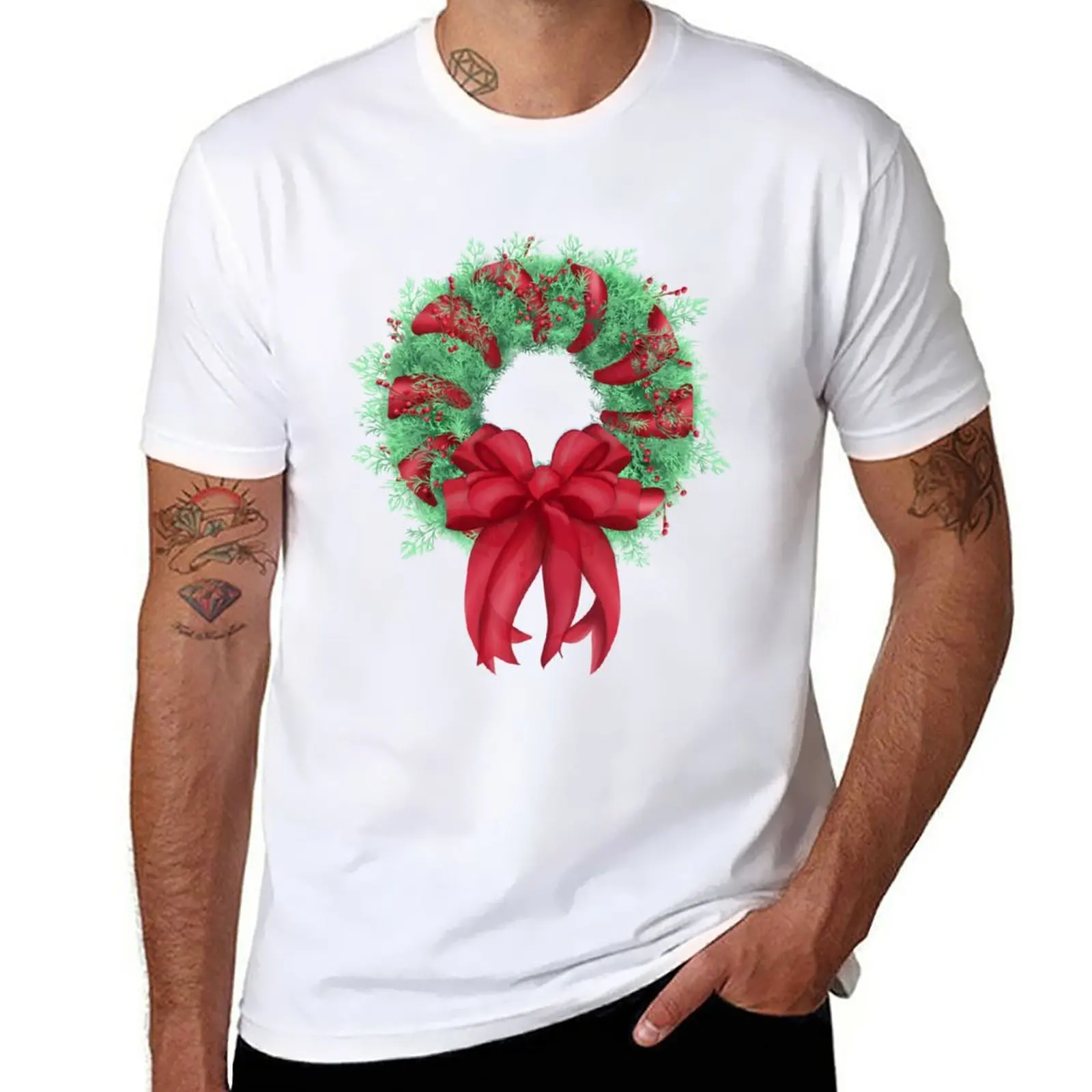 

New Christmas Wreath 2022 T-Shirt man clothes blank t shirts mens plain t shirts