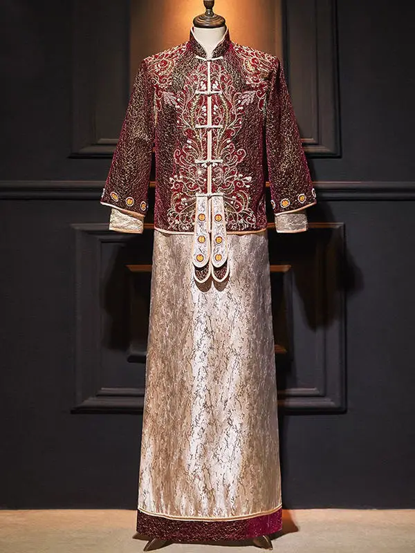 Chinese Traditional Groom Xiuhe Suit Ornate Floral Embroidery Frog Button Mandarin Collar Oriental Wedding Outfit