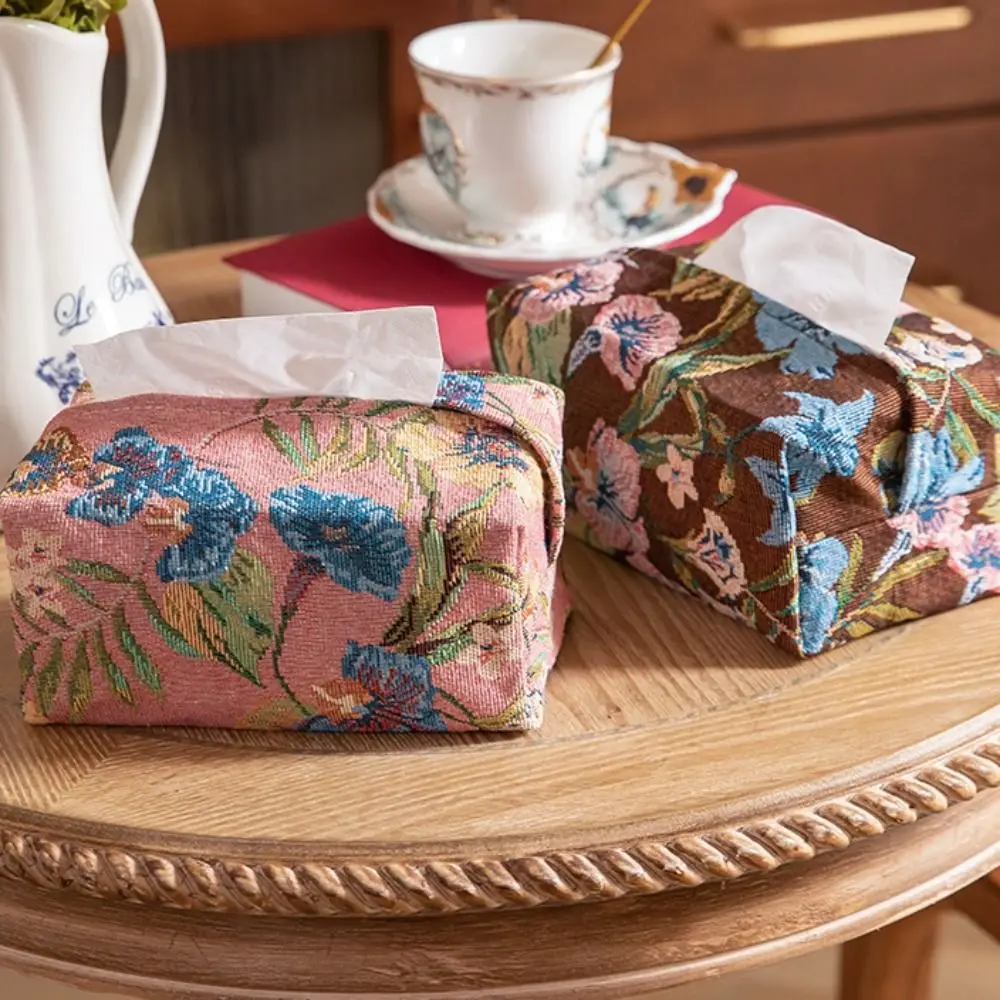 Durable Retro Style Embroidered Tissue Bag Skin-Friendly Breathable Tissue Box Portable Polyester Tissue Case Restaurant