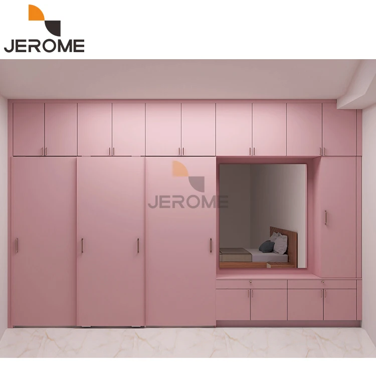 مصنع مخصص التصميم الحديث غرفة نوم الملابس ألميرا خزانة الأثاث أطفال الأطفال الوردي والأبيض MDF الخشب خزانة منزلقة