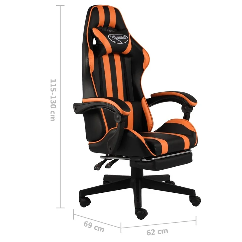 Chaise de jeu avec repose-pieds, simili cuir noir et orange + design ergonomique pour plus de confort