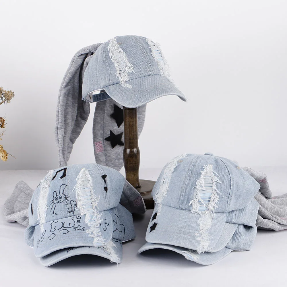 

Cute Girls Rabbit Ears Denim Ripped Baseball Cap Women Street Trend Adjustable Sports Hat