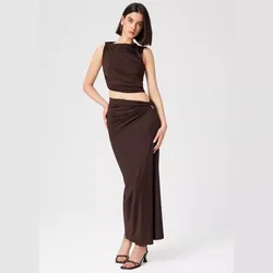 Talenza-Conjunto de falda larga de punto para mujer, conjunto de 2 piezas de Color sólido, falda informal ajustada, Jersey sin mangas, conjunto de falda larga para vacaciones, nuevo