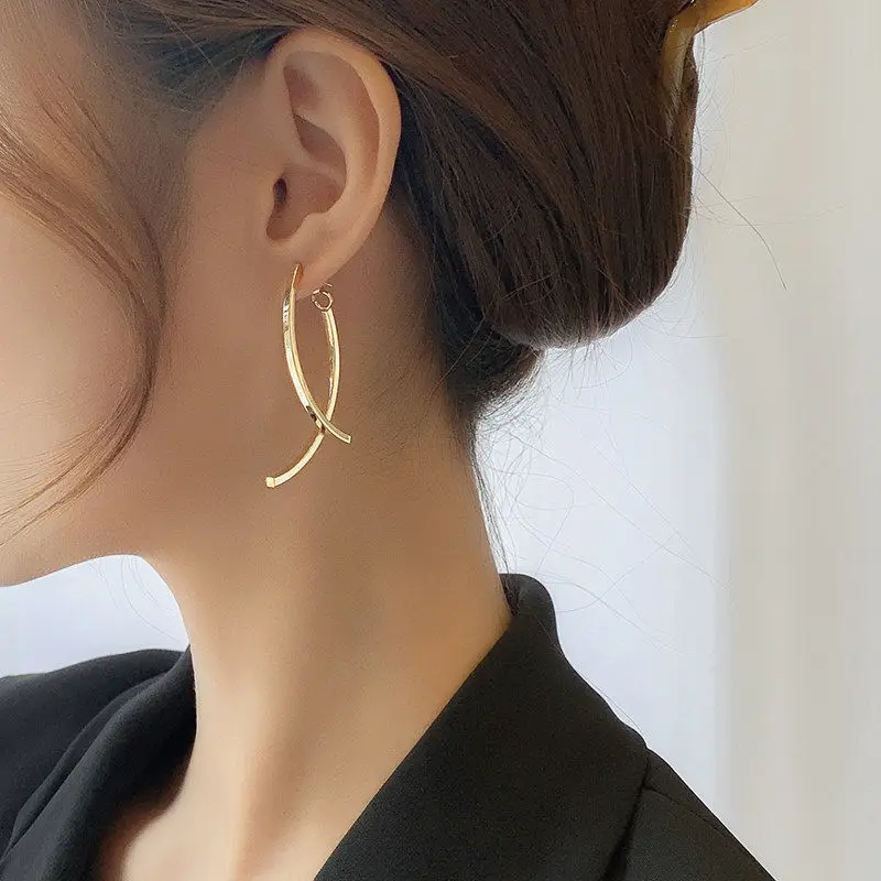 Stylish Alloy Gold Color Cross Arc Long Drop Earrings for Women Front-Back Hanging Dangler Earring Jewelry Friends Birthday Gift