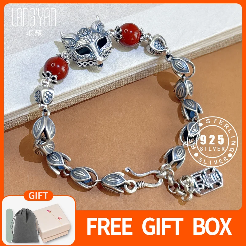 

Langyan 925 Sterling Silver Fox Mask Bracelet for Women Chinese Style Handmade Red Agate Bead Flower Accessories Gift SL213