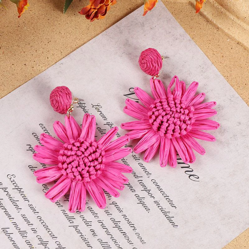 Unique Rattan Earrings Summer Holiday Bohemian Jewelry Exaggerate Fabric Flower Earrings Fashion Boho Earrings Statement Jewelry