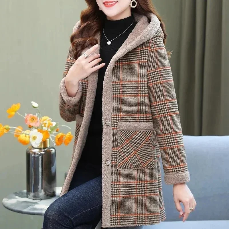 New Women Winter Jacket Fashion Plaid Long Coats Hooded Parka Overcoat Warm Woolen Blended Jacket Lady Outerwear Female Tops 5XL