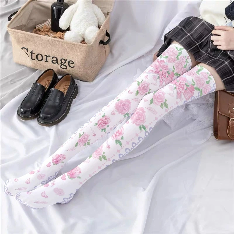 

2025 Rose Giant Sword Printed Thin Spring and Autumn Japanese Lolita Cute Anime cosplay knee high stockings