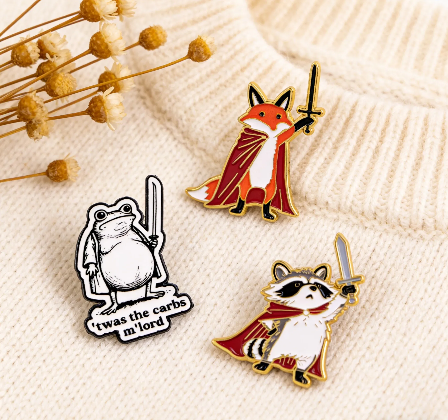 

3pcs Holding Sword Raccoon Enamel Pin Brooches For Women Lapel Pins Badge on Backpack Costume Accessories Fashion Jewelry Gifts