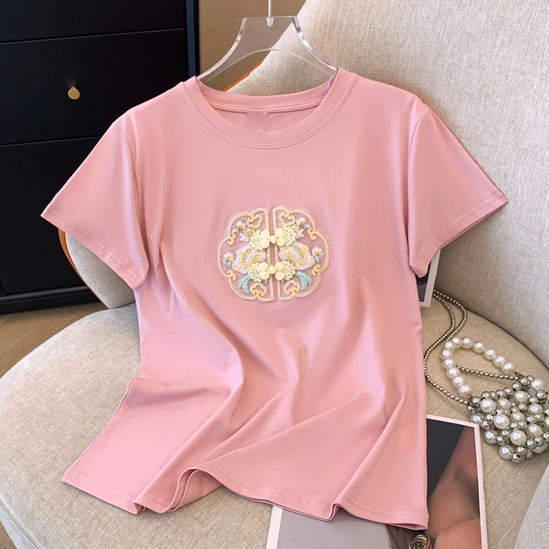 TuangBiang Summer Embroidery Floral 2024 Comfort Short Sleeve Cotton Women O-Neck T-Shirts Loose Casual Solid T Shirt LadiesTops