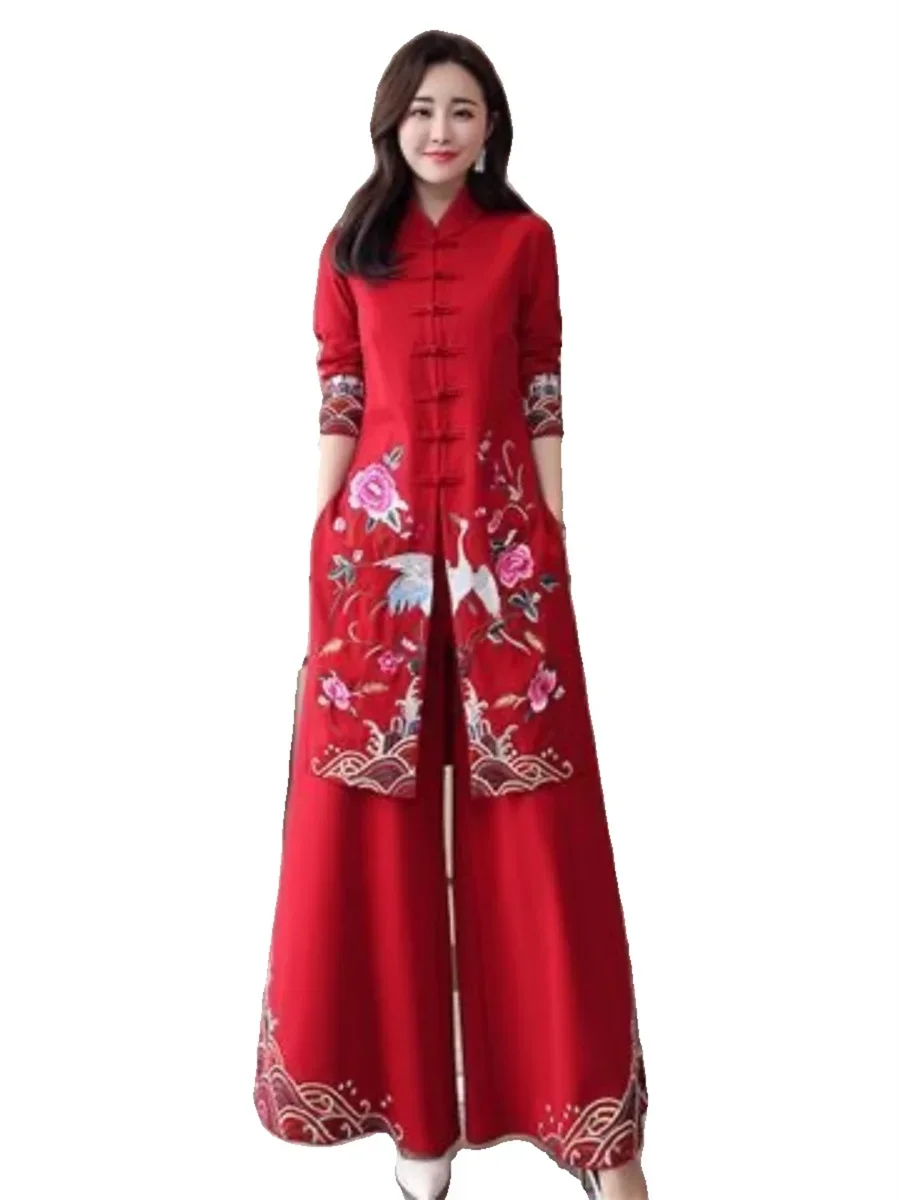 Dames etnische stijl retro Tang-stijl geborduurde broek met wijde pijpen, verbeterde cheongsam herfst- en wintertweedelige set, trendy