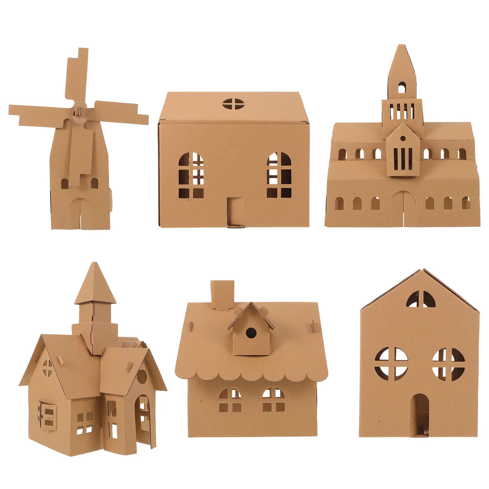 6Pcs Cardboard House Kit for Kids DIY Miniature House Assembly Coloring Craft Set Lightweight Portable Learning Tool for Home