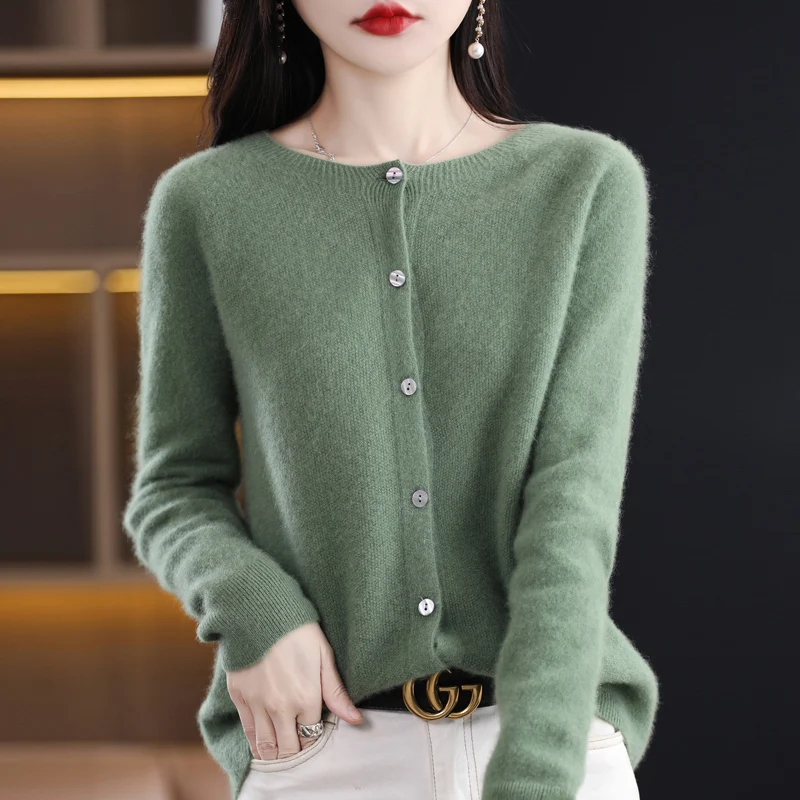 Women 100% Merino Wool Sweater New Round Collar Solid Color Knitted Cardigan Autumn Winter Casual Soft Jacket Bottoming Slim Top