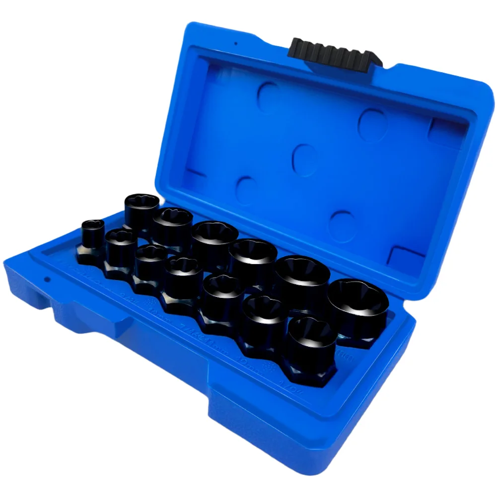 Hex Nut Extractor Set 13 pcs Features Spiral Fluted Design for Damaged Nuts 1/4 inch to 3/8 inch Drive Standard