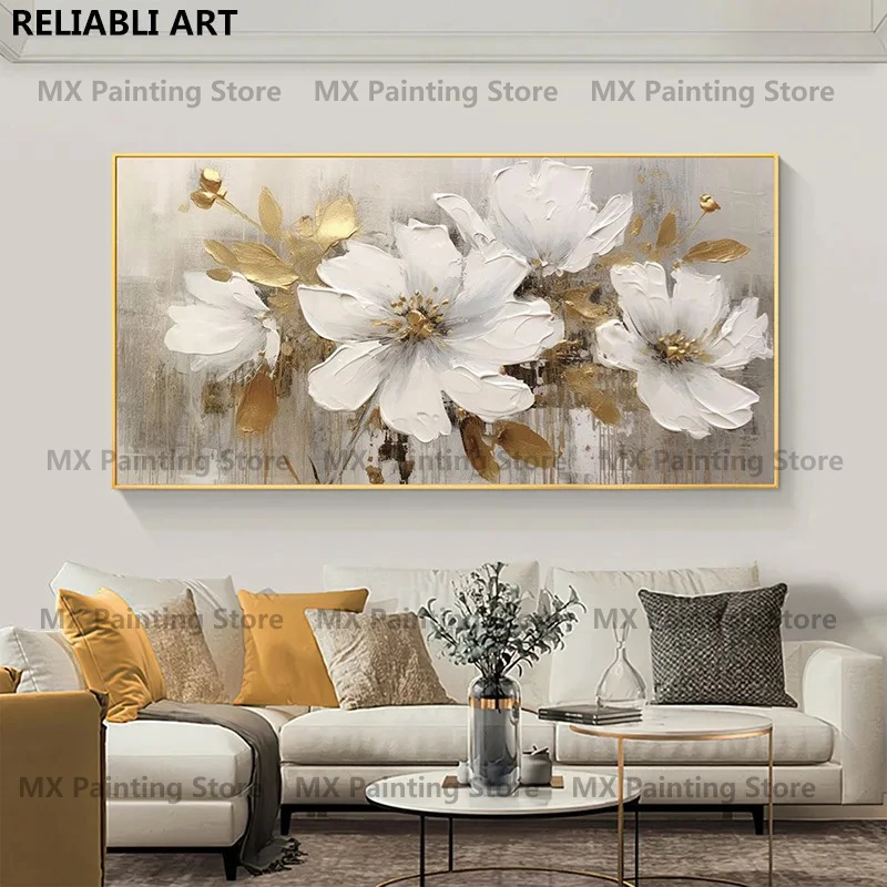 Gold Flower Oil Painting On Poster, Canvas Prints Wall Art, Abstract White Floral Painting, Living Room Decor,Home Decor Unframe