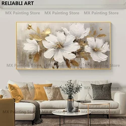 Gold Flower Oil Painting On Poster, Canvas Prints Wall Art, Abstract White Floral Painting, Living Room Decor,Home Decor Unframe