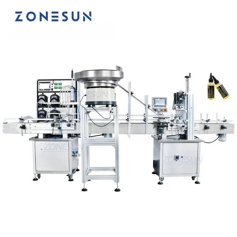ZONESUN ماكينة تعبئة وتغطية العطور السائلة ذات 4 رؤوس أوتوماتيكية مع وحدة تغذية الغطاء لخط الإنتاج