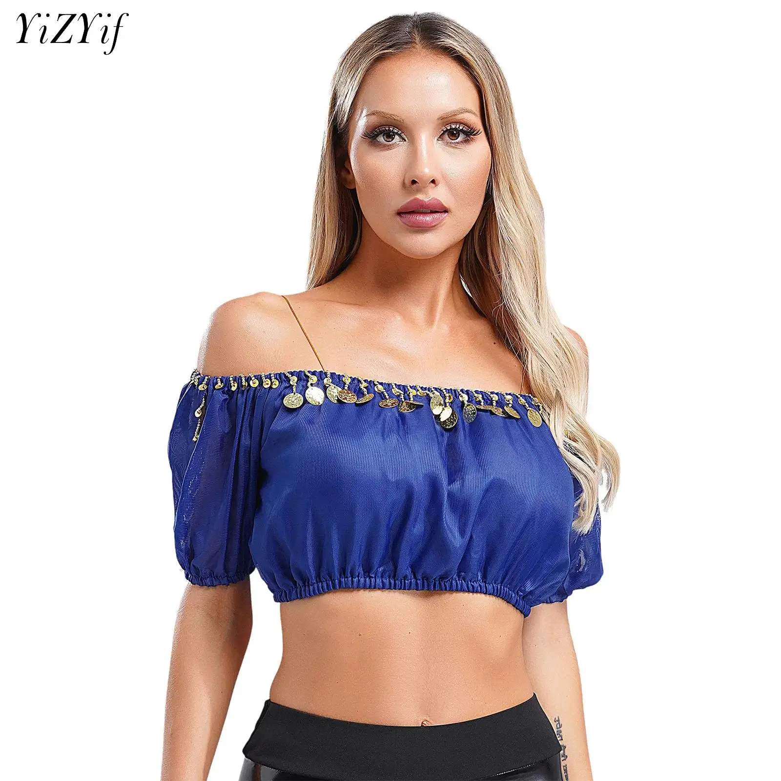 

Women Belly Dance Tops Puff Short Sleeve Crop Top Solid Beading Tank Tops Carnival Festive Halloween Stage Performance Costume