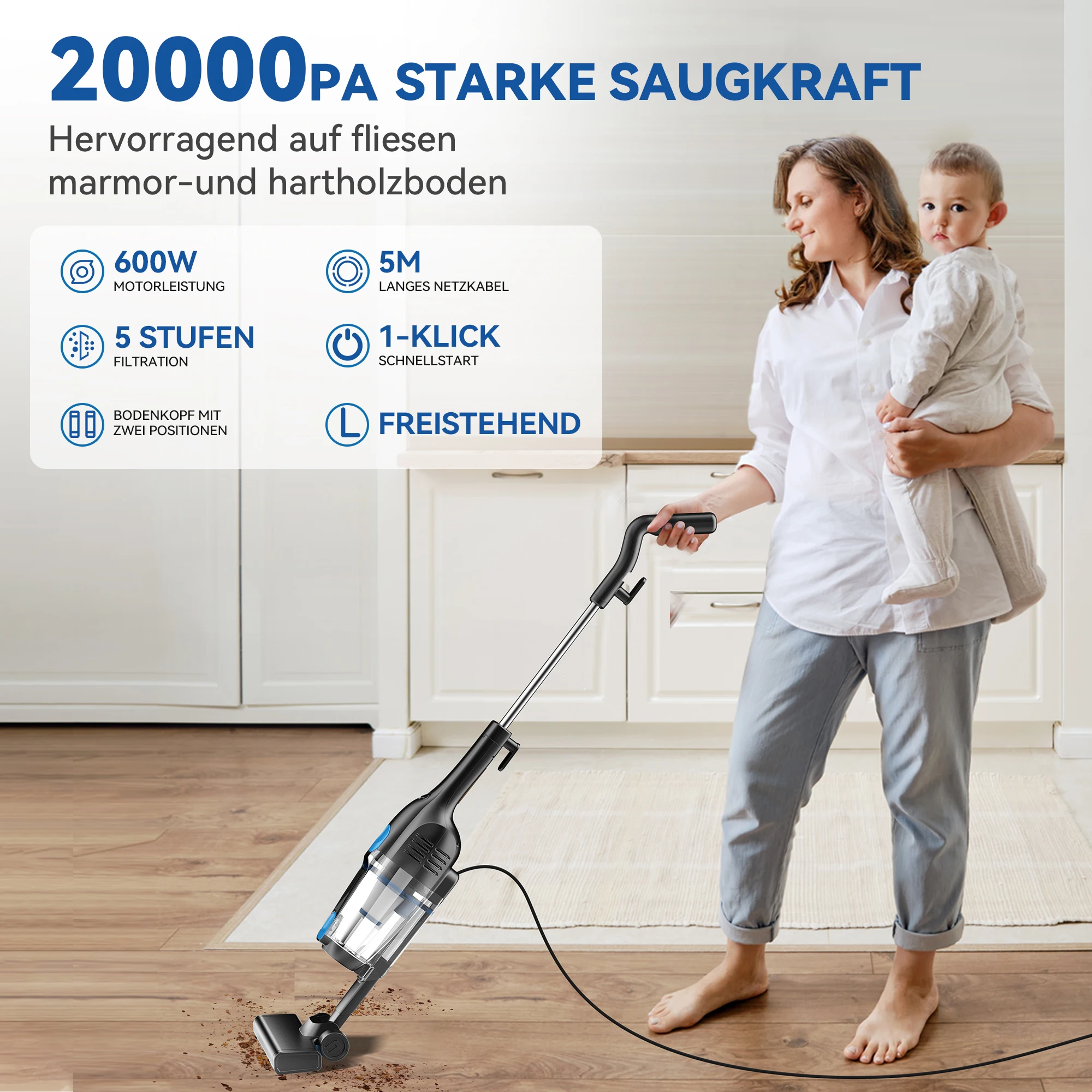 مكنسة كهربائية سلكية R6X، 20000Pa 3 في 1 مكنسة كهربائية محمولة خفيفة الوزن بدون كيس