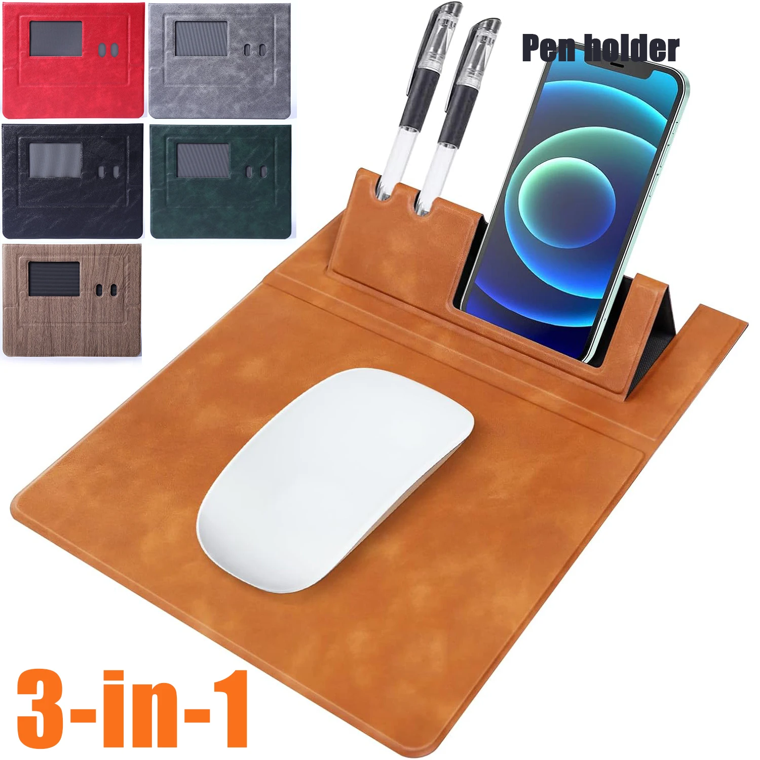 Mouse Pad Leather Mat 3 in 1 Mice Pad Non-Slip Base Portable Slim Mouse Pad for Phone Stand Pen Holder Desktop Table Mats Pad