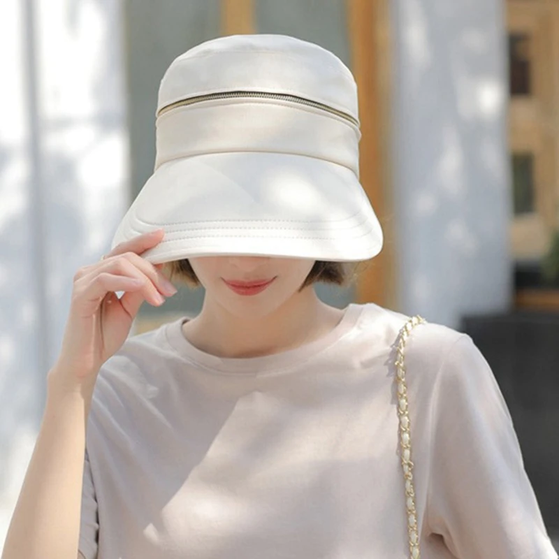 2024 Summer Hat Removable Cap Top with Zipper Empty Top Hat Anti-UV Sun Hats Ladies Cotton Foldable Wide Brim Hat Visor Caps