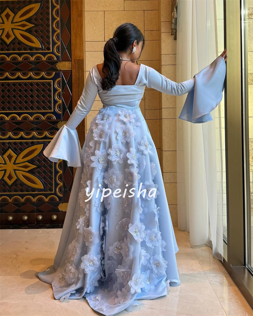 Satin Sequined Flower Beading Ruched Ruffle Wedding Party A-line Square Neck Bespoke Occasion Gown Long Dresses