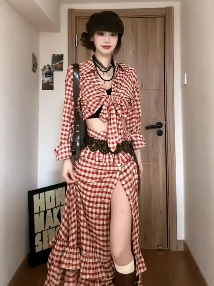 2000s Aesthetic Elegant 2 Piece Sets Women Y2k Plaid Design Tops + Slim midi Skirt Femal Harajuku Chic Korean Popular Clothes
