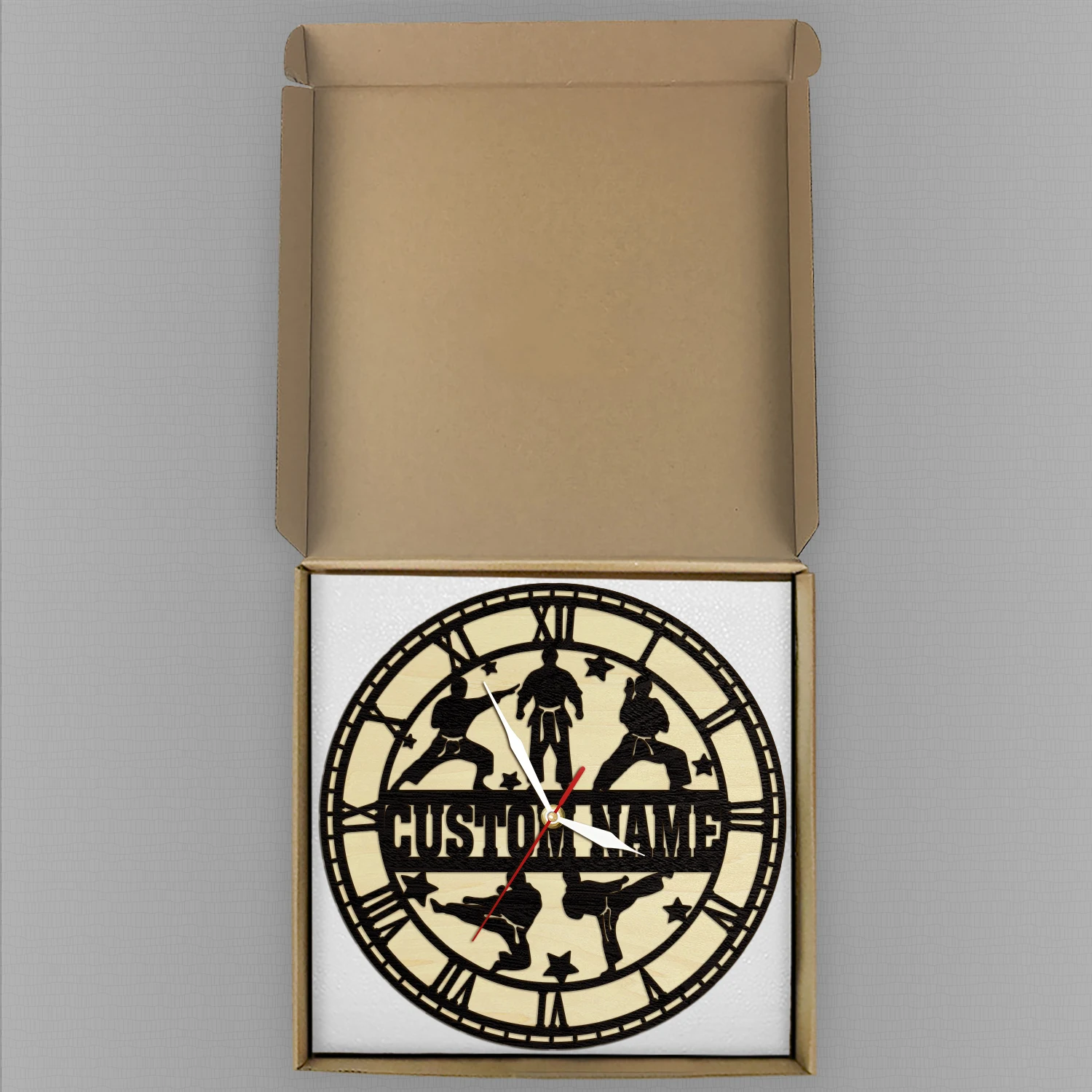 شخصية الكاراتيه لاعب اسم إطار خشبي ساعة حائط اليابانية فنون الدفاع عن النفس ديكور المنزل الخشب المعيشة المفصلي ساعة القتال الفني #5