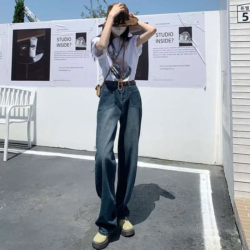 

High Waist Straight Leg Jeans Women's Spring New Loose Slim Fit Cleanfit Sle Mid-aged plus Size PU Fabric Jeans