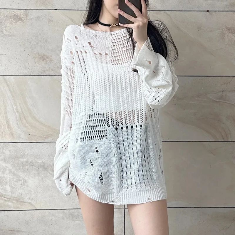 Summer New Knitwear Hollowed Out Round Neck Long Sleeve Loose All-Match Fashion Casual Korean 2025 Women Pullovers Top