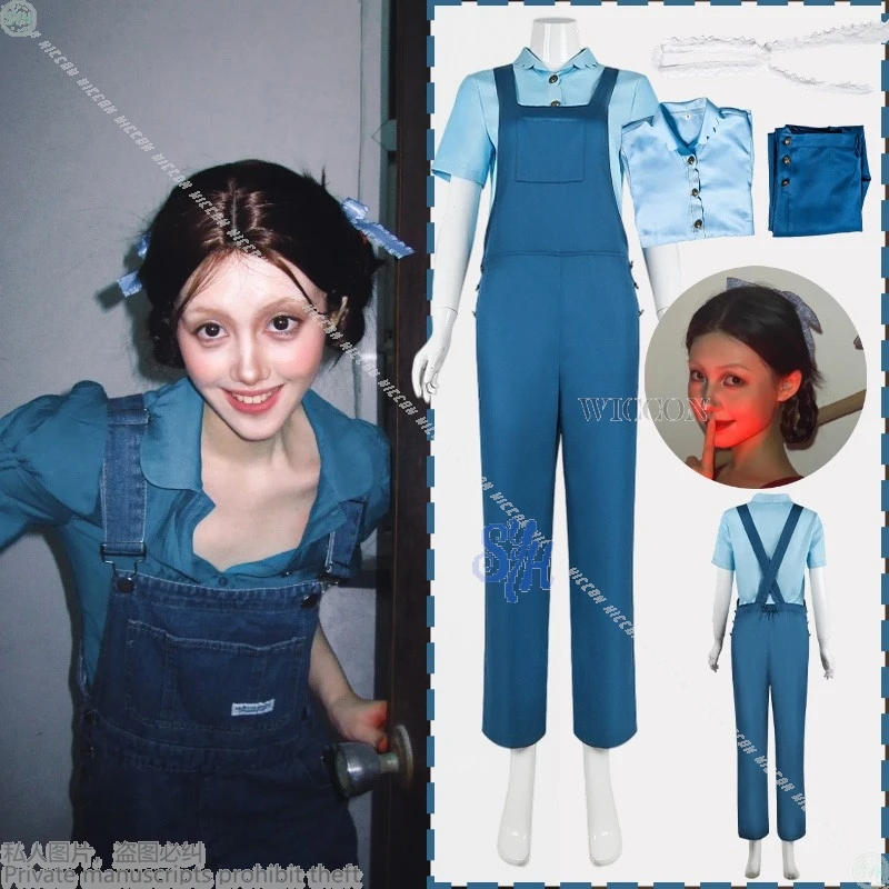 

Anime Movie Pearlll Cosplay Horror Halloween Kawaii Blue Dungarees Shirt Headwear Heroine Party Roleplay