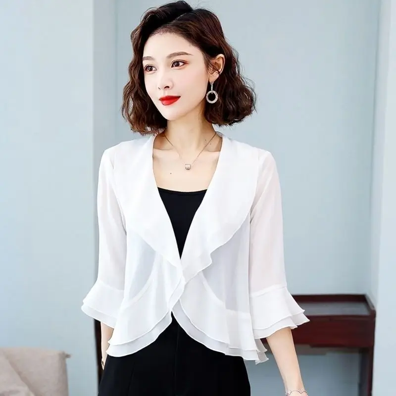 

2024 New Summer Cardigan Design Sunscreen Clothing Ruffles Spliced Outdoor V-neck See-through Cardigan Lace-up Short Top L24