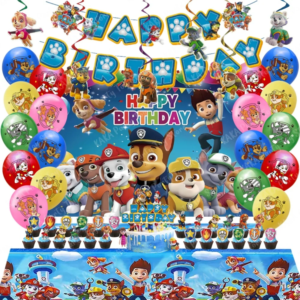 66Pcs Paw Patrol Birthday Decoration Set Latex Balloons Hanging Swirls Banner Backdrop Tablecloth for Kids Party Event Supplies