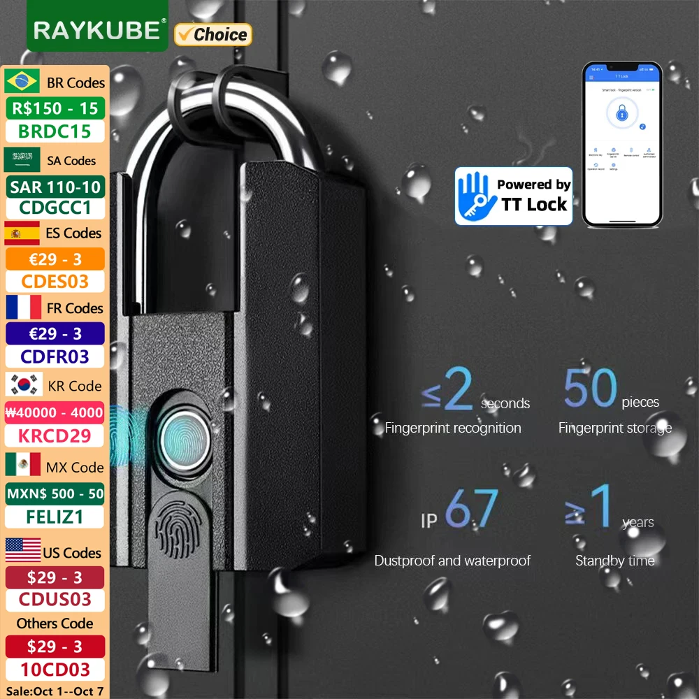 RAYKUBE IP67 Waterproof TT Lock Electronic Lock Digital Fingerprint Padlock with Built-in rechargeable Battery APP key Unlock