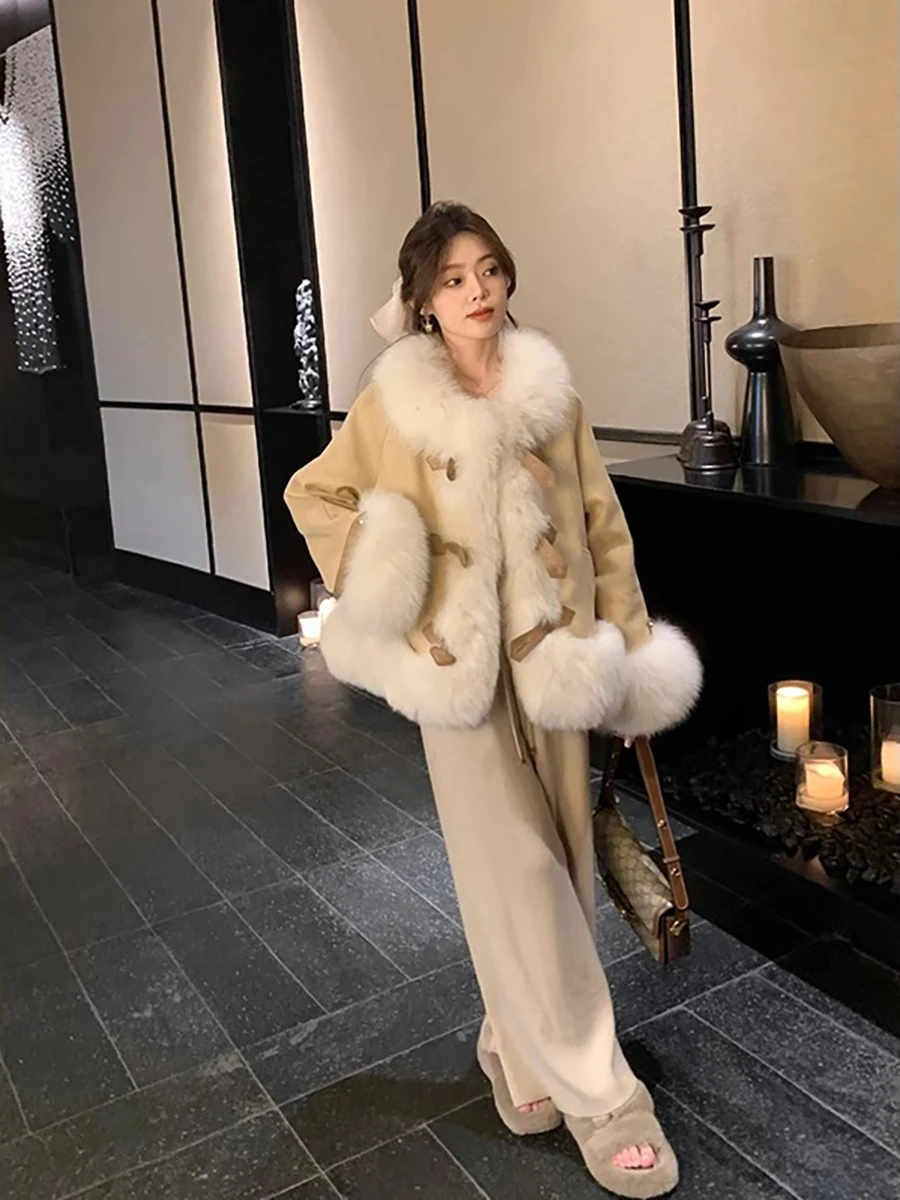 Cappotto invernale da donna in finta pelliccia di volpe scamosciata marrone in cotone manica lunga monopetto giacca ispessita imbottita color caramello